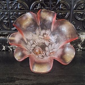 Mikasa Rosella Pink Frosted Shimmer Floral Bowl, Scallop Edges, Pink Glass